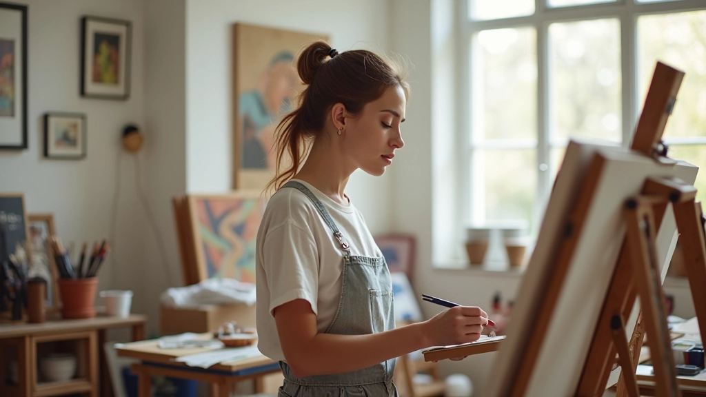 Artista joven trabajando en su estudio con lienzo en progreso, pinceles y materiales de arte alrededor