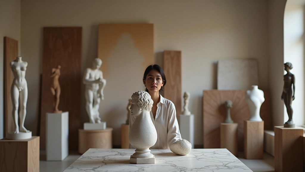 Estudio de escultura con múltiples obras en diferentes materiales - mármol, bronce, madera y acero inoxidable